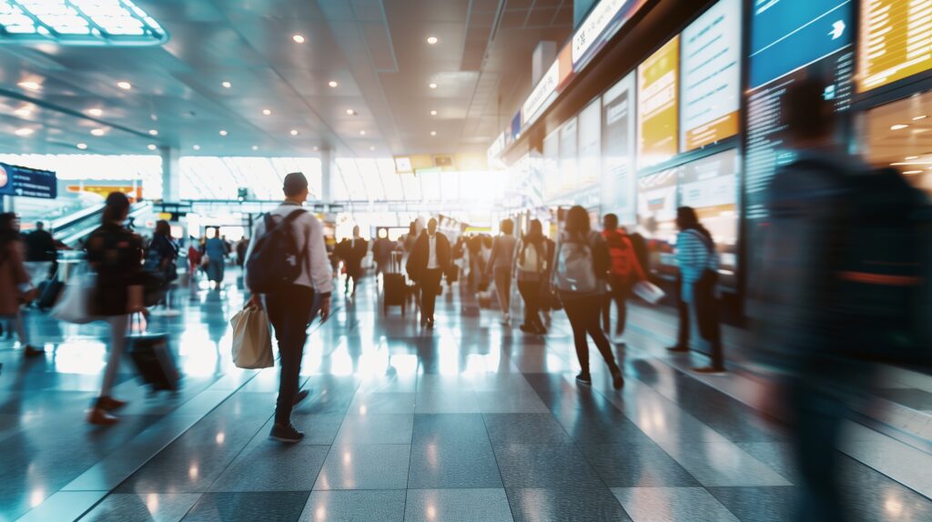 A busy airport terminal with many travelers walking in different directions, carrying bags and suitcases. Bright light shines through large windows, and flight information displays hang from the ceiling.