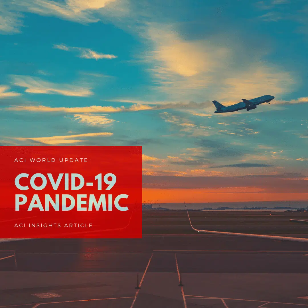 An airplane takes off at sunset with dramatic clouds in the sky. A red overlay reads: ACI World Update COVID-19 Pandemic, ACI Insights Article. The airport runway is visible in the foreground.