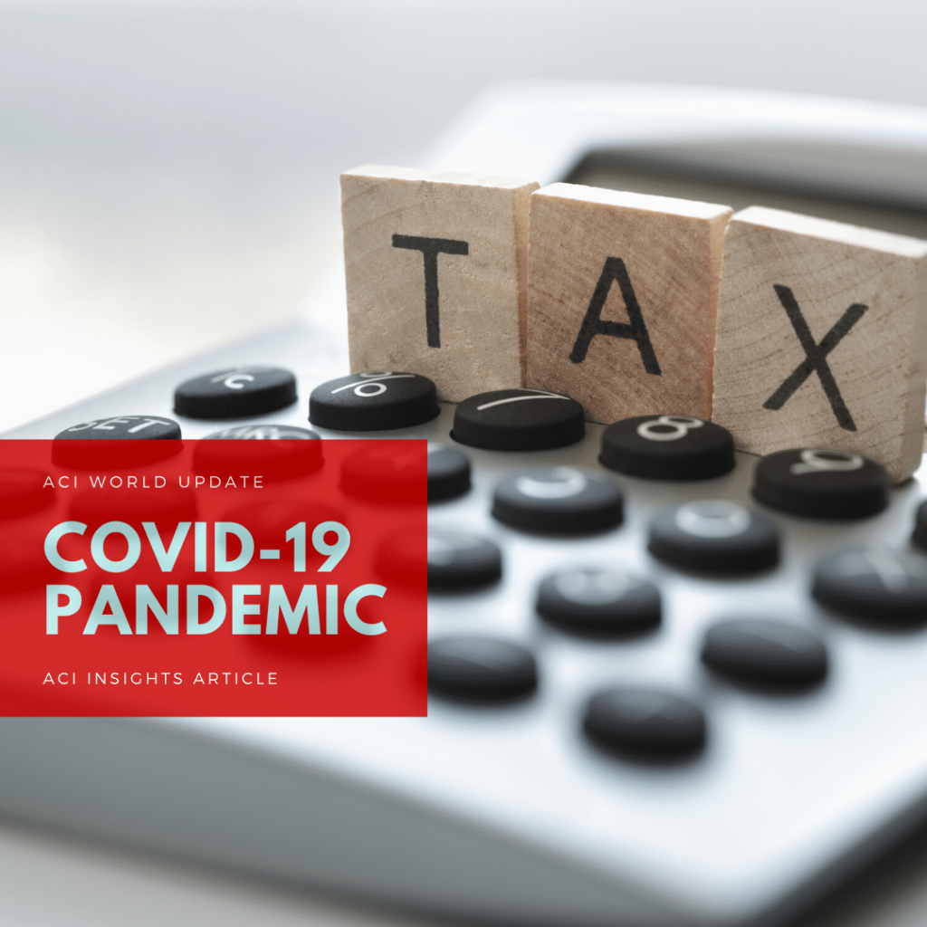 Close-up of a calculator with wooden blocks spelling TAX on top. A red overlay on the left reads ACI World Update COVID-19 Pandemic - ACI Insights Article.