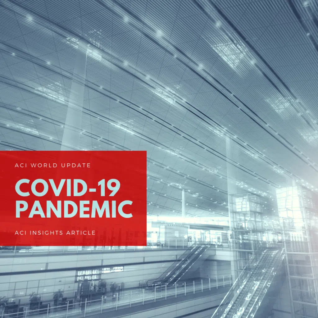 A nearly empty airport terminal with escalators and glass walls, overlaid with a red box containing text: ACI World Update COVID-19 Pandemic ACI Insights Article.