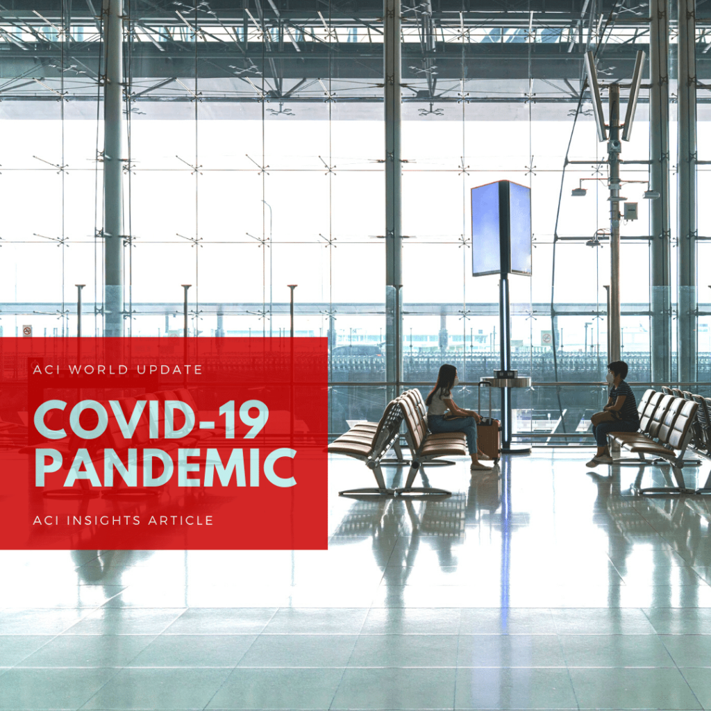 Two people sit far apart in an empty airport terminal with large windows. A red overlay text reads: COVID-19 Pandemic, ACI World Update, ACI Insights Article.