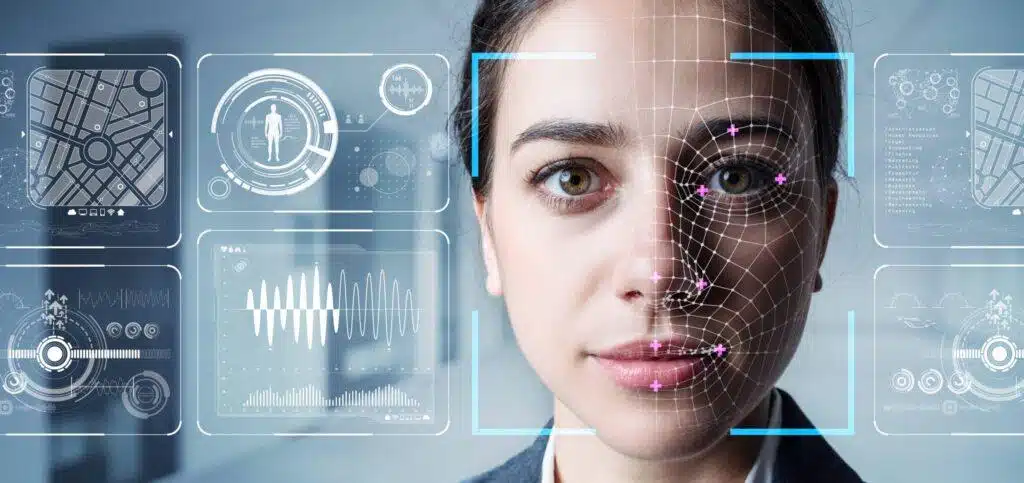 A woman’s face is scanned with digital grids and data graphics, illustrating facial recognition technology. Transparent screens display biometric data and futuristic interface elements around her.