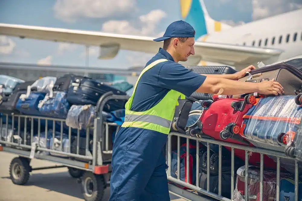 A baggage handler in a reflective vest and blue uniform loads suitcases onto a luggage cart beside an airplane on a sunny day at the airport.