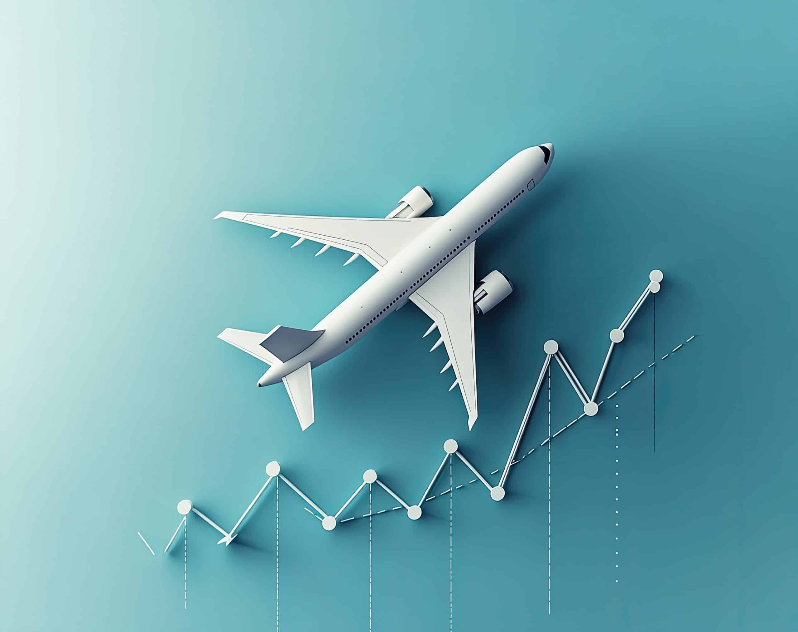 A white airplane model flies over a rising line graph on a blue background, symbolizing forecasted growth and progress in the aviation or airport industry.