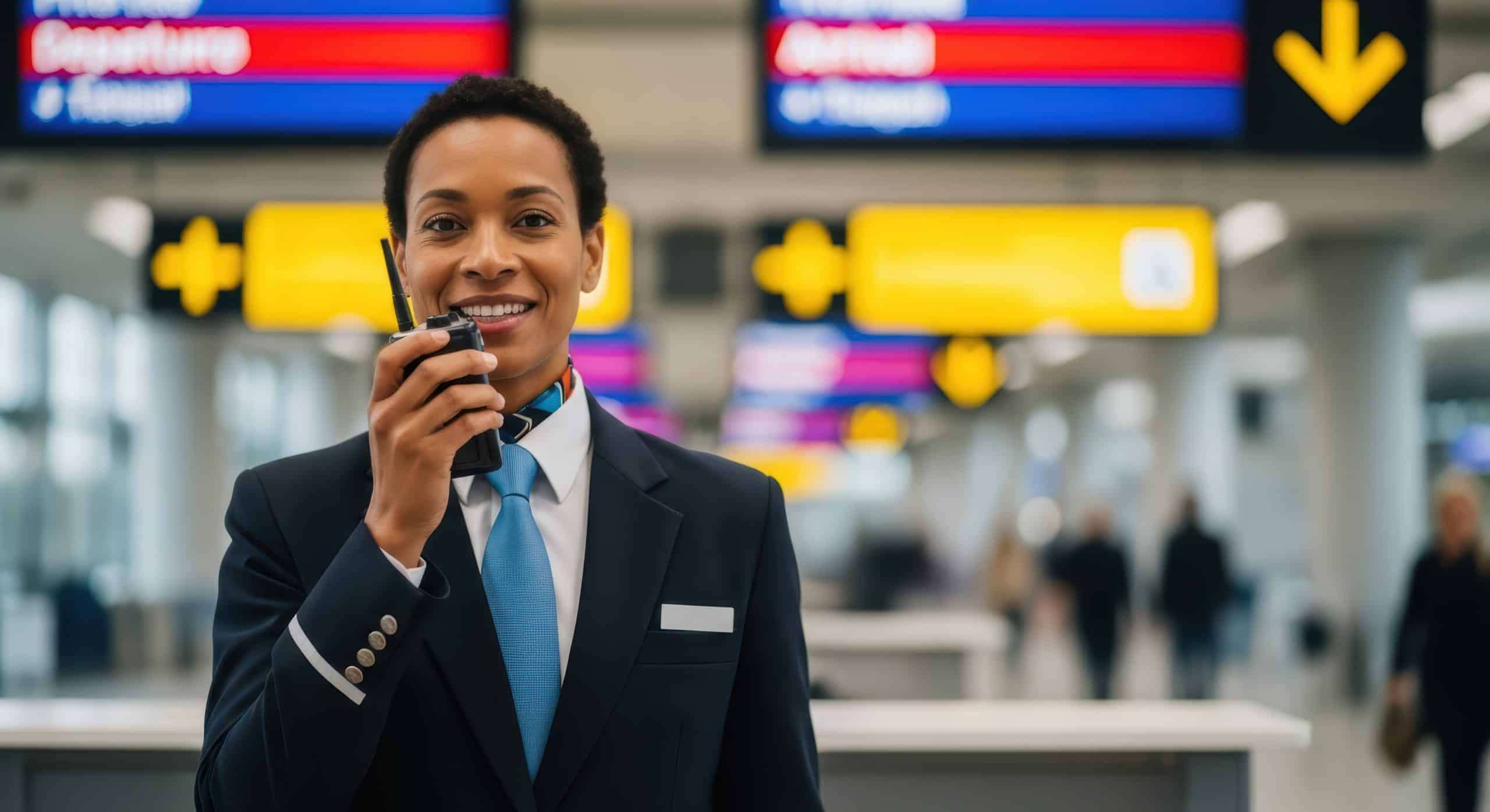 A smiling airport staff member in a suit holds a walkie-talkie, standing in a terminal with bright departure signs—an example of Airport Orchestration ensuring smooth operations amid bustling travelers.