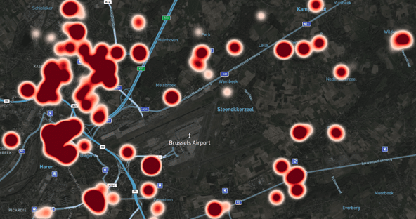 Heatmap visualisation of past drone flights, revealing patterns and hotspots around the airport. Credit: SkeyDrone.