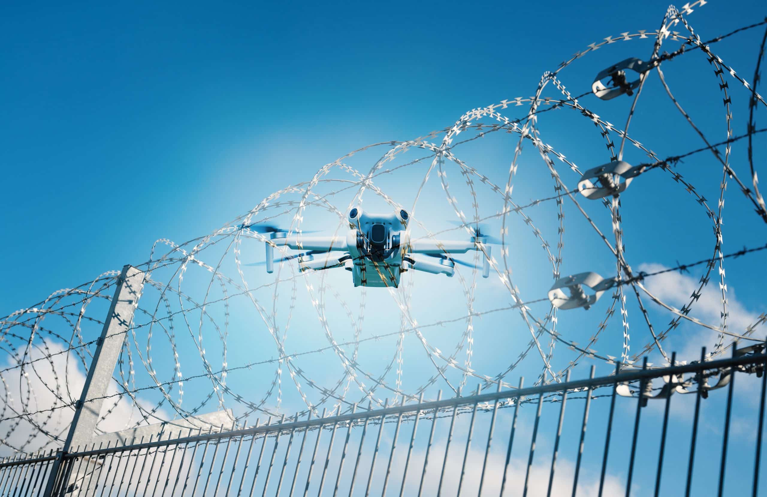 Airport runway aerial view with RF drone detection sensor network overlay illustrating counter-UAS coverage zones